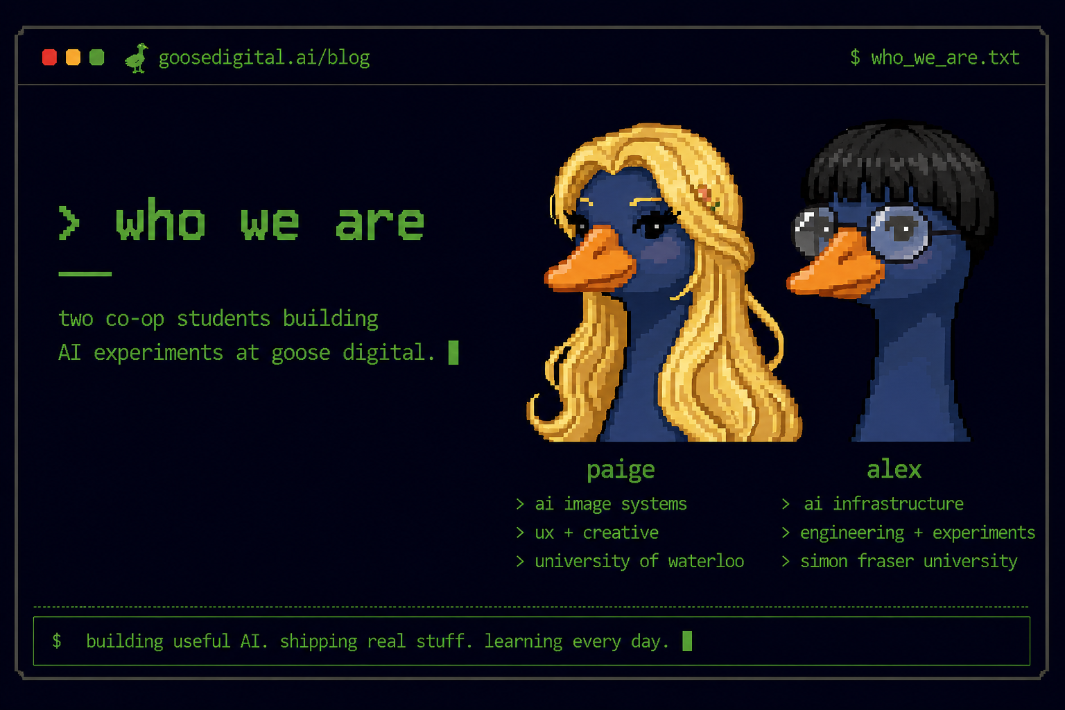 Pixel art illustration of Paige and Alex, two co-op students building AI experiments at Goose Digital