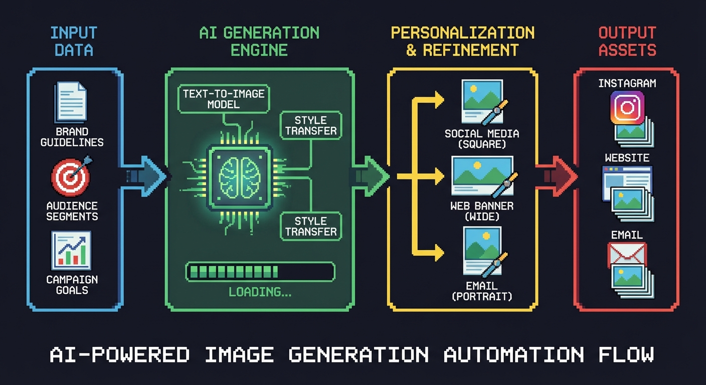 AI-Powered Image Generation Automation Flow — from input data through AI generation engine to personalized output assets