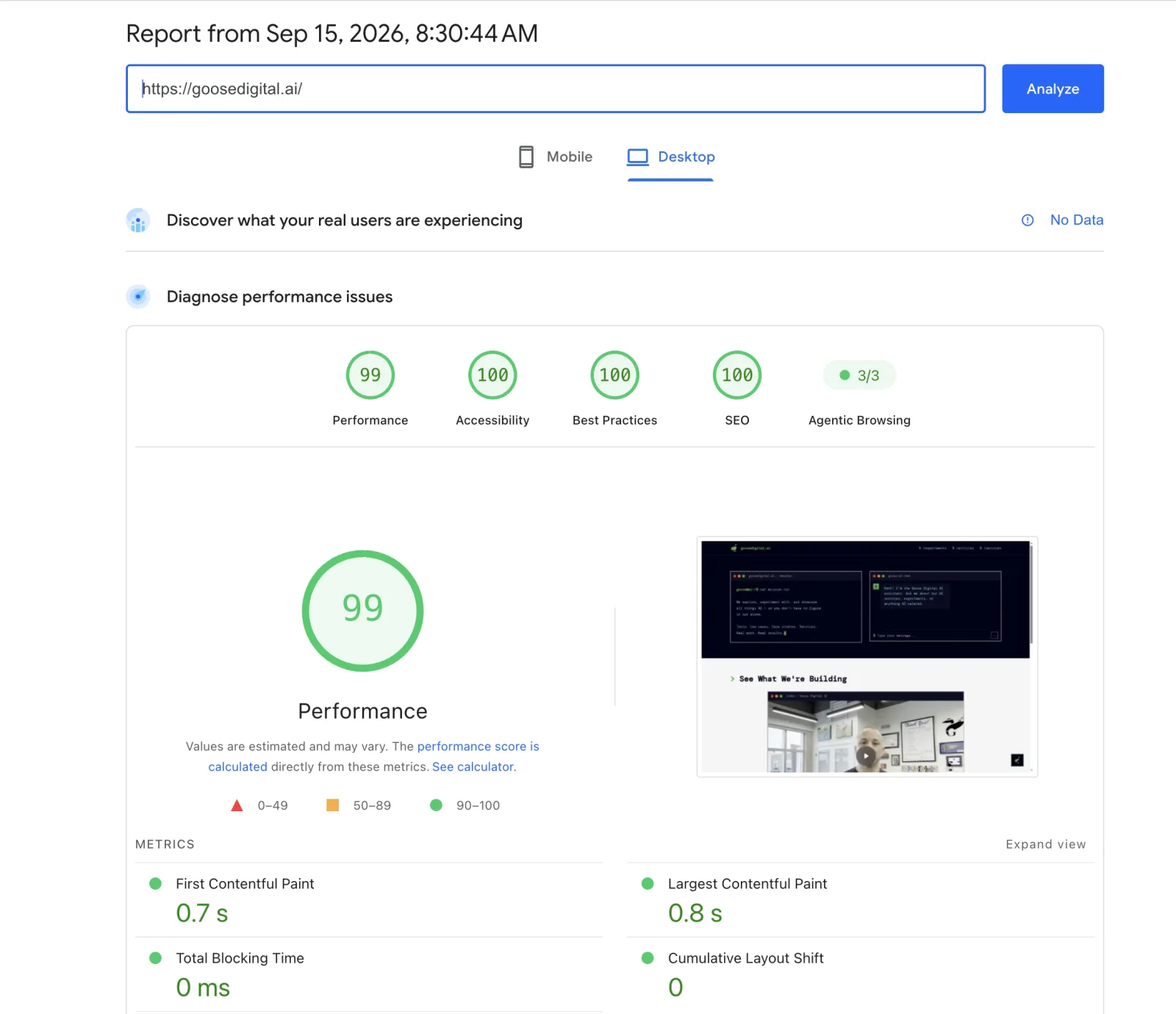 Google PageSpeed Insights desktop report for goosedigital.ai dated September 15, 2026, showing Performance 99, Accessibility 100, Best Practices 100, SEO 100 and Agentic Browsing 3/3, with First Contentful Paint 0.7s, Largest Contentful Paint 0.8s, Total Blocking Time 0ms and Cumulative Layout Shift 0