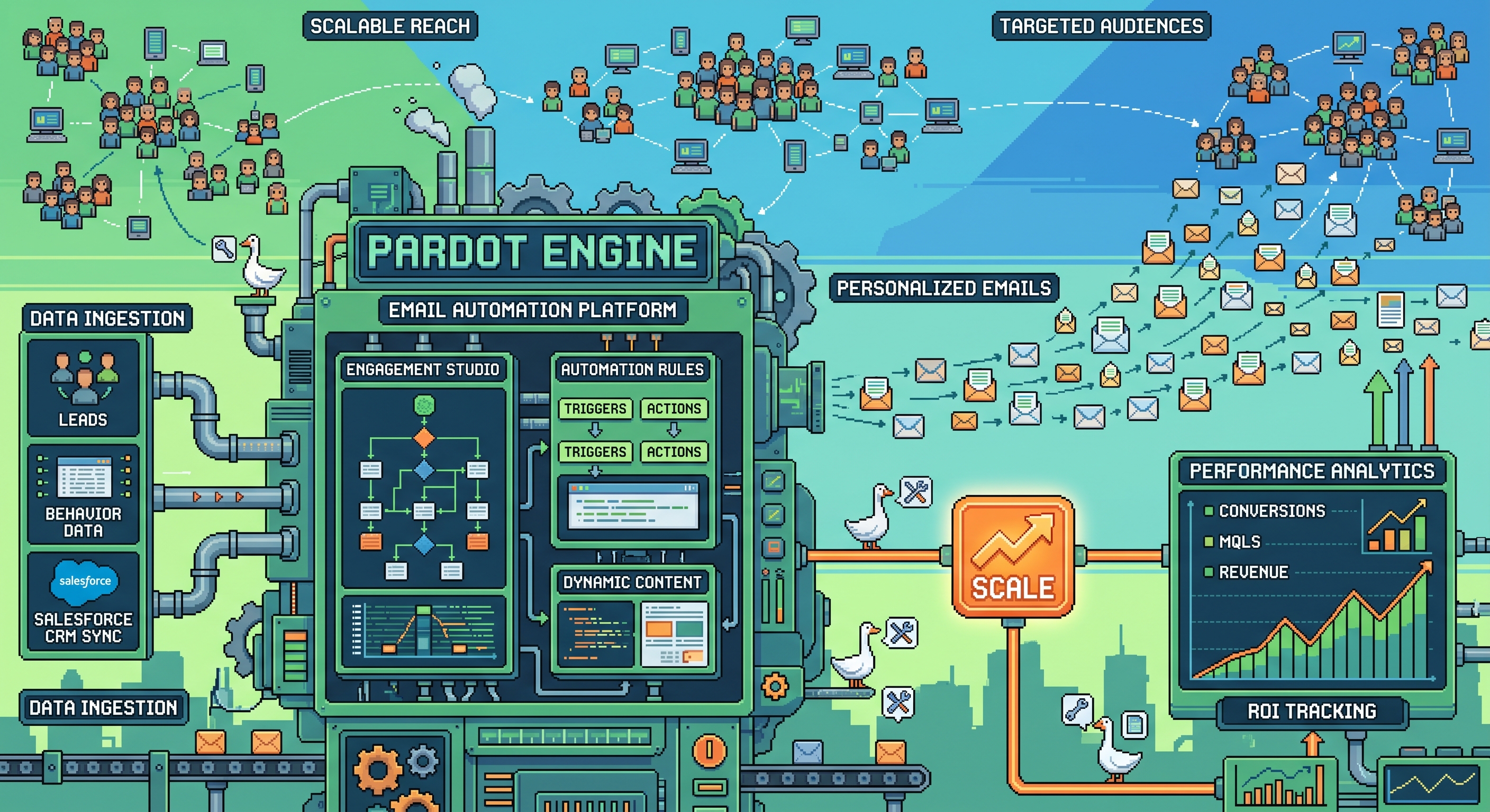 Pardot Engine — pixel art diagram showing the email automation platform pipeline from data ingestion and Salesforce CRM sync through engagement studio and automation rules to personalized email dispatch, scale, and performance analytics